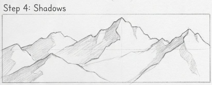 Step 4 drawing tutorial: pencil sketch of a mountain range with shaded slopes, adding shadows to emphasize depth and form.