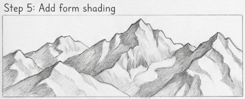 Pencil mountain drawing tutorial: pencil sketch of layered, shaded peaks demonstrating form shading, labeled 'Step 5: Add form shading'.