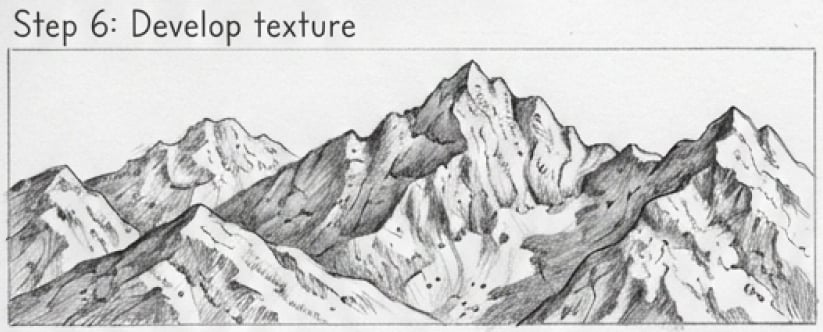 Mountain pencil sketch, textured peaks and shading - Step 6: Develop texture, drawing tutorial.