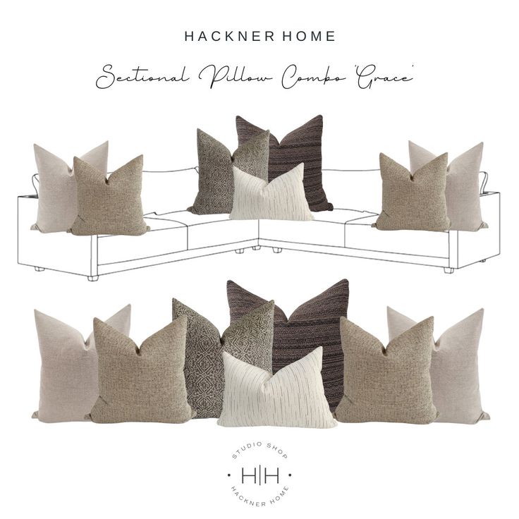 Sectional Pillow Combo 'Grace' by Hackner Home featuring various neutral-colored pillows arranged on a sectional sofa.