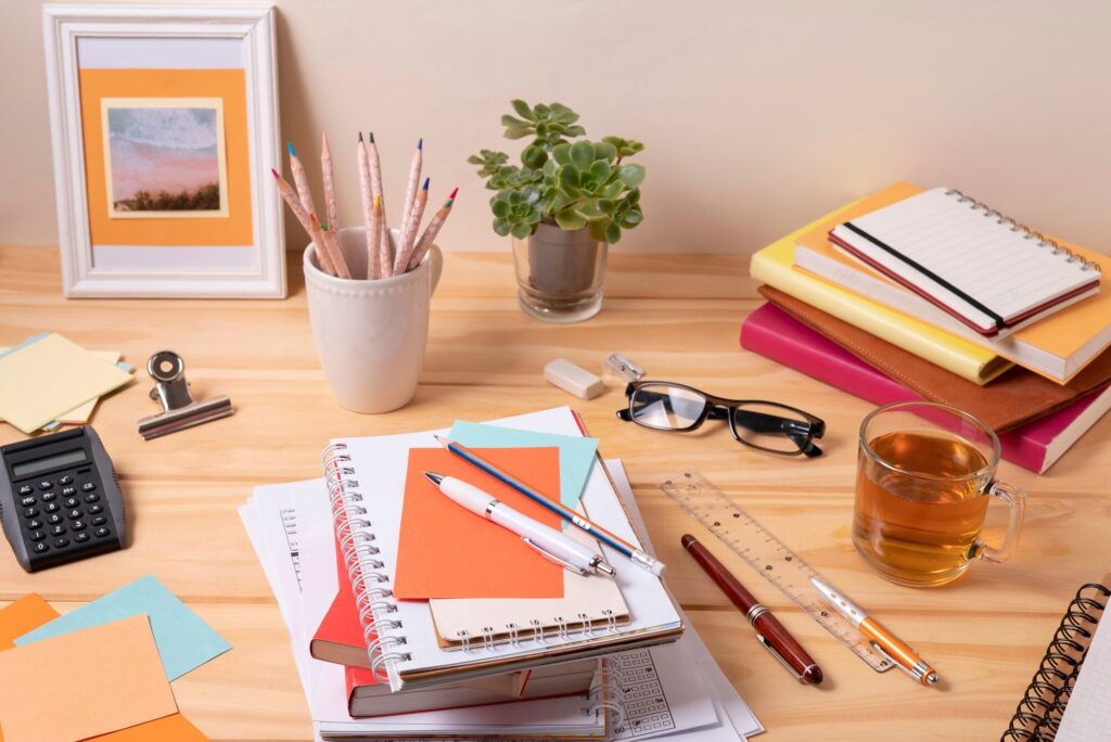 Organized desk with notebooks, pencils, calculator, ruler, glasses, and a cup of tea, perfect for studying or working.