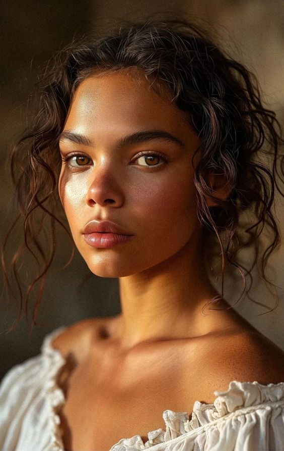 Portrait of a woman with curly hair and natural makeup, wearing a white off-shoulder top against a blurred background.