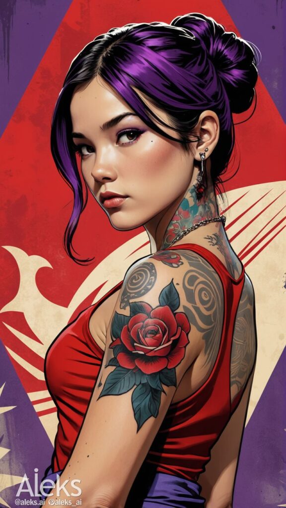 Illustrated woman with vibrant purple hair and colorful tattoos, wearing a red top, set against a striking artistic background.