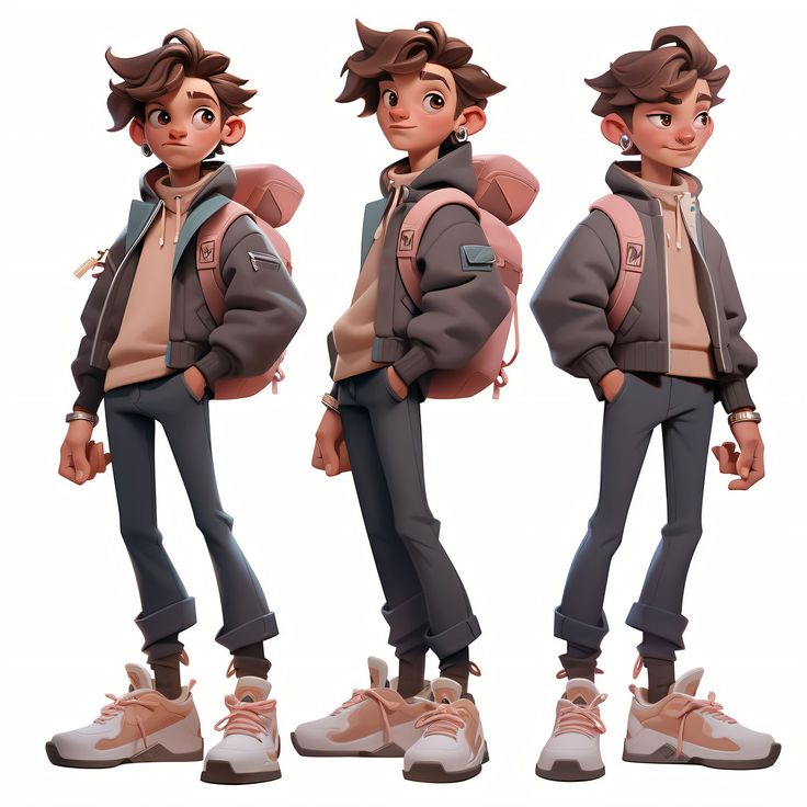 Animated character with brown hair in three poses, wearing a hoodie, bomber jacket, and sneakers, holding a backpack.