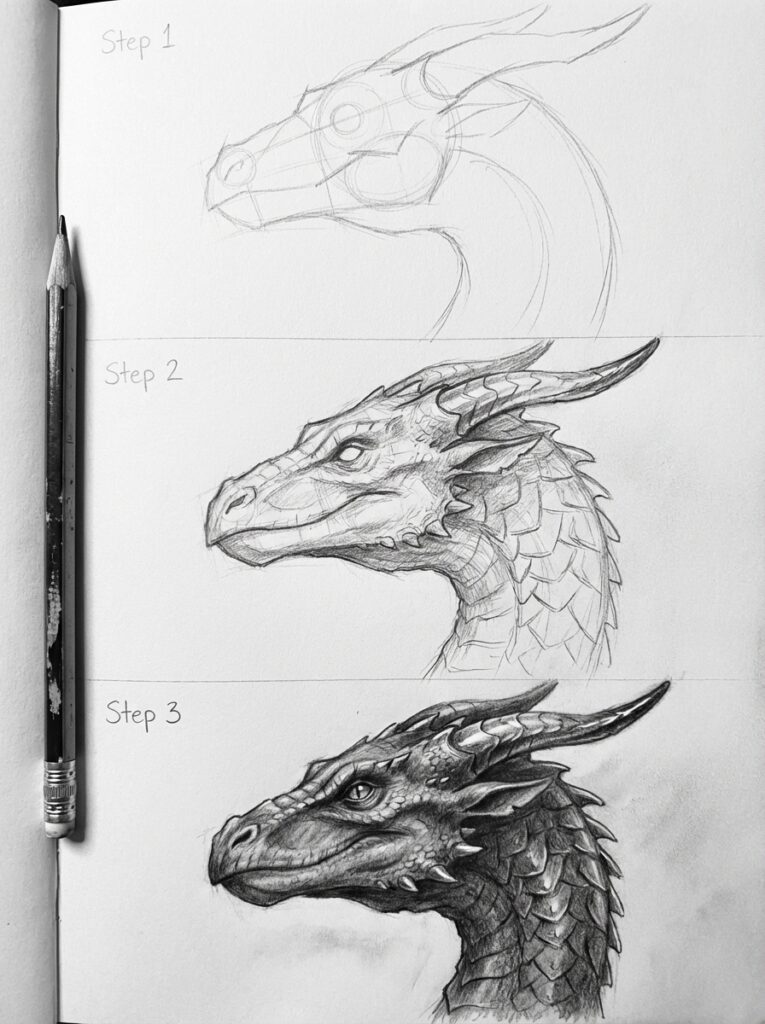 sketch-tutorial 14 Step-by-step dragon drawing tutorial with pencil, showcasing progressive detailing from rough sketch to detailed scales and shading. | Sky Rye Design Step-by-step dragon drawing tutorial with pencil, showcasing progressive detailing from rough sketch to detailed scales and shading.