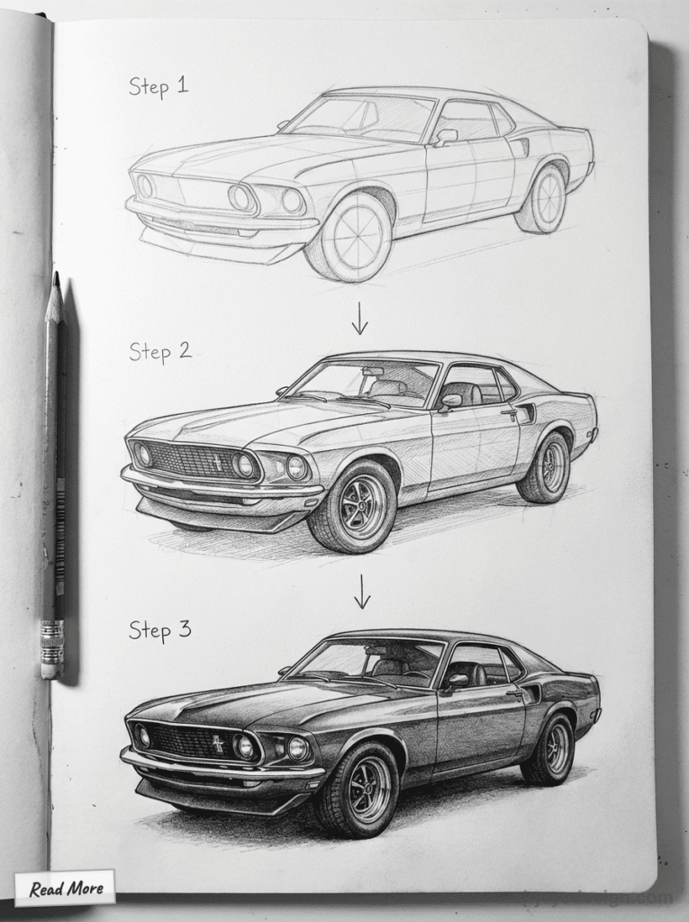sketch-tutorial - 2026-01-19T203638363 Drawing tutorial: Step-by-step pencil sketches of a vintage car design, showing progression from outline to detailed shading. | Sky Rye Design Drawing tutorial: Step-by-step pencil sketches of a vintage car design, showing progression from outline to detailed shading.