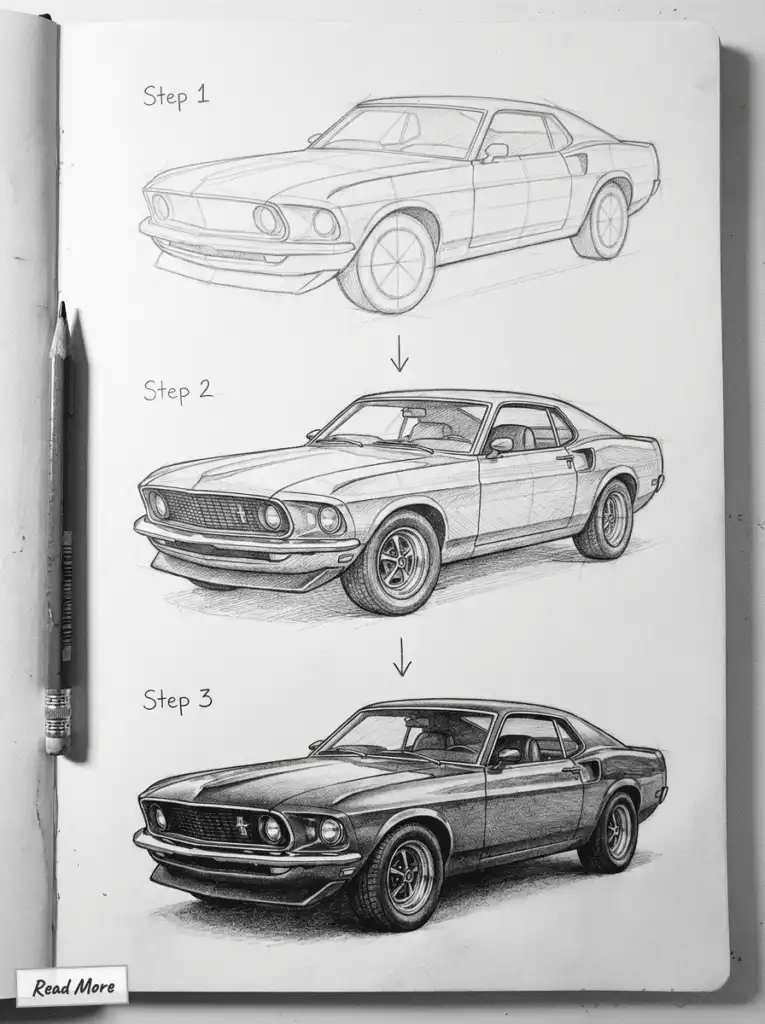 Drawing tutorial: Step-by-step pencil sketches of a vintage car design, showing progression from outline to detailed shading.