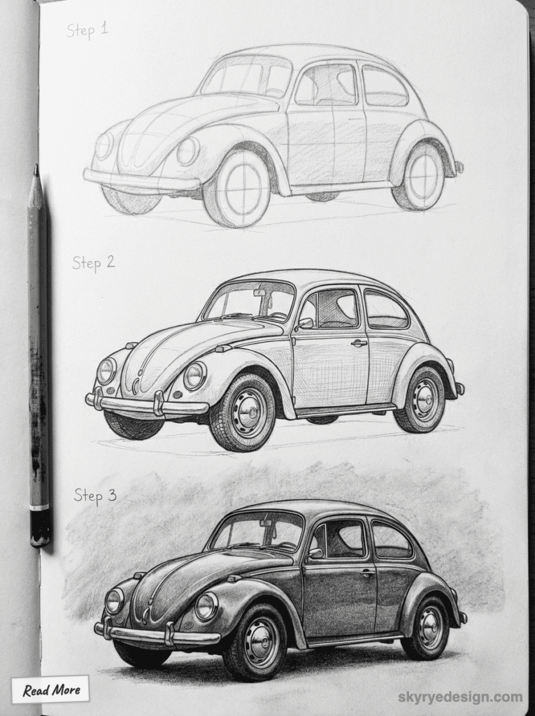sketch-tutorial - 2026-01-19T203845301 Drawing tutorial of a classic car in three steps: basic outline, detailed sketch, and finished shaded artwork with pencil on | Sky Rye Design Drawing tutorial of a classic car in three steps: basic outline, detailed sketch, and finished shaded artwork with pencil on