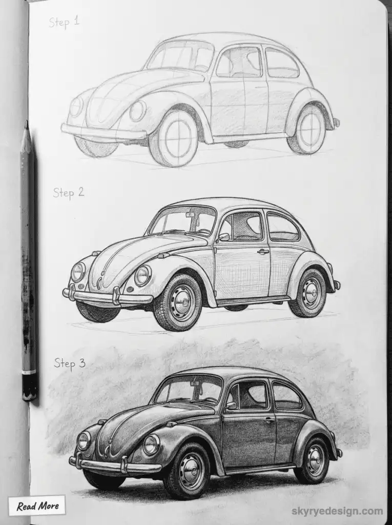 Drawing tutorial of a classic car in three steps: basic outline, detailed sketch, and finished shaded artwork with pencil on
