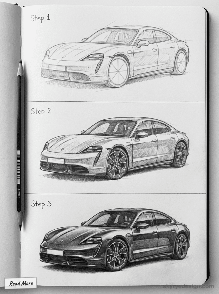 sketch-tutorial - 2026-01-19T204030650 Step-by-step pencil drawing of a car, showcasing progression from sketch to detailed illustration in a notebook. | Sky Rye Design Step-by-step pencil drawing of a car, showcasing progression from sketch to detailed illustration in a notebook.