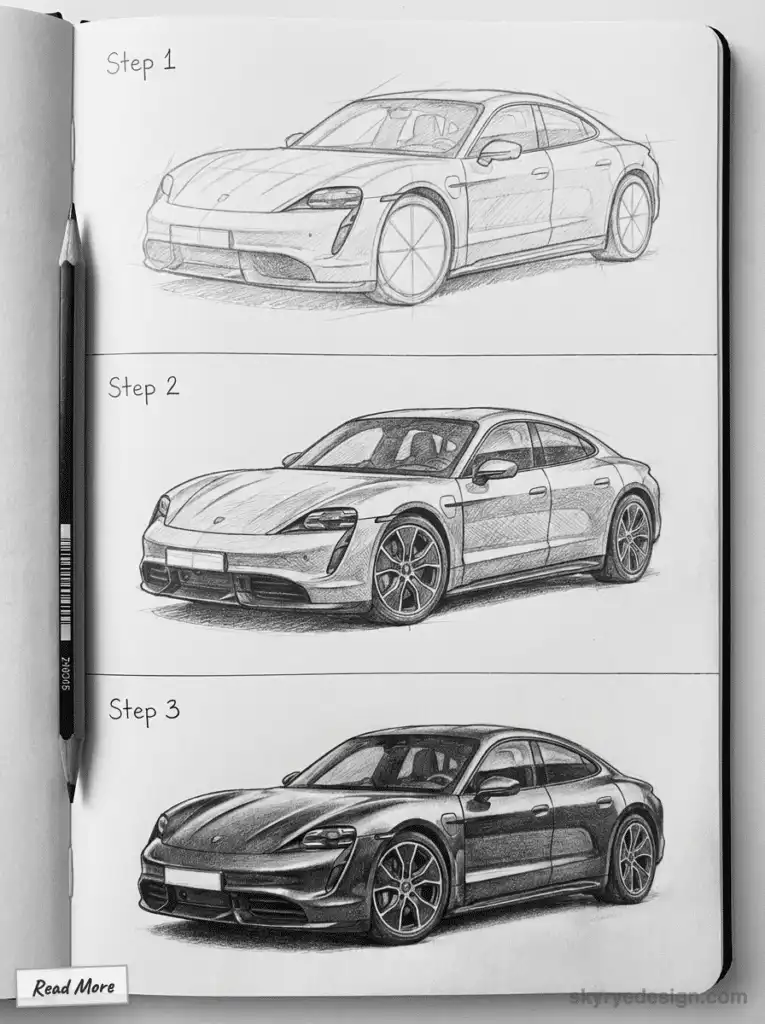 Step-by-step pencil drawing of a car, showcasing progression from sketch to detailed illustration in a notebook.