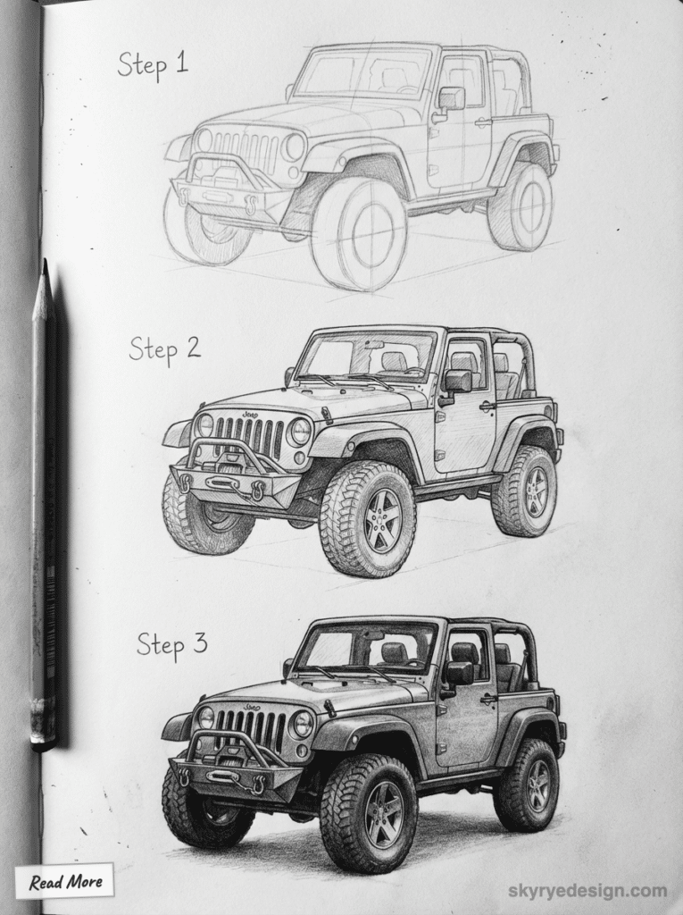 sketch-tutorial - 2026-01-19T204301309 Step-by-step Jeep illustration showing sketch progression from outline to detailed, shaded drawing on paper with pencil. | Sky Rye Design Step-by-step Jeep illustration showing sketch progression from outline to detailed, shaded drawing on paper with pencil.