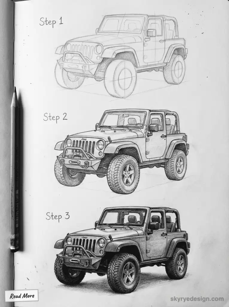 Step-by-step Jeep illustration showing sketch progression from outline to detailed, shaded drawing on paper with pencil.