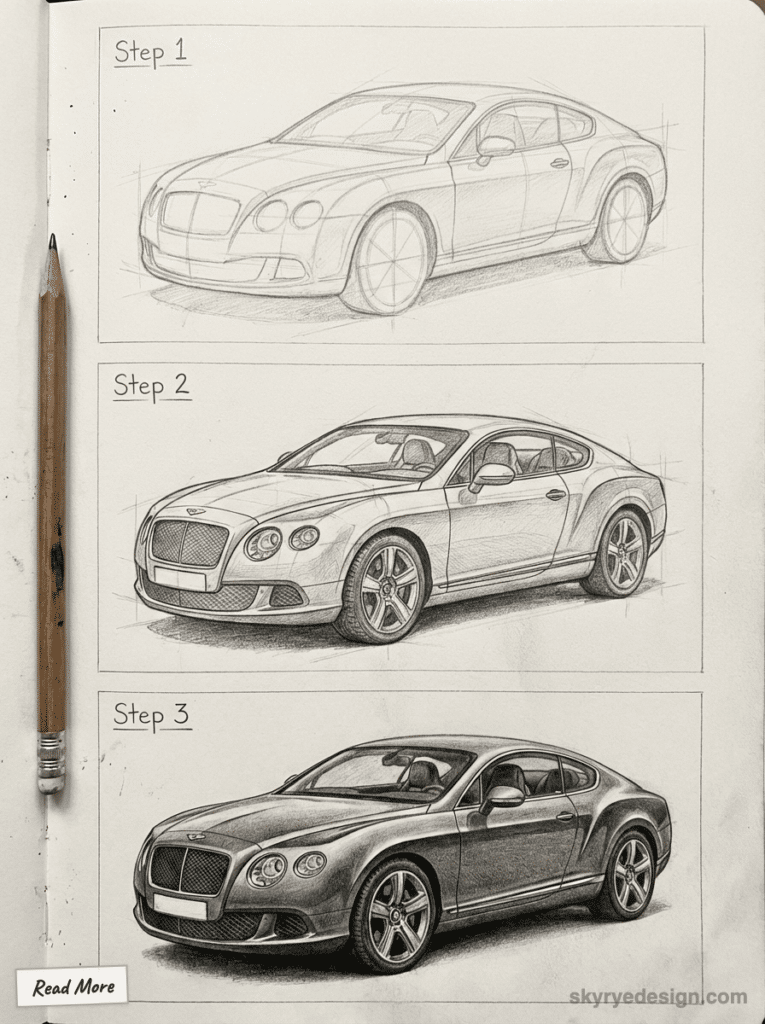 sketch-tutorial - 2026-01-19T204552058 Step-by-step sketch progression of car drawing from outline to detailed shading, with a pencil on the side. | Sky Rye Design Step-by-step sketch progression of car drawing from outline to detailed shading, with a pencil on the side.