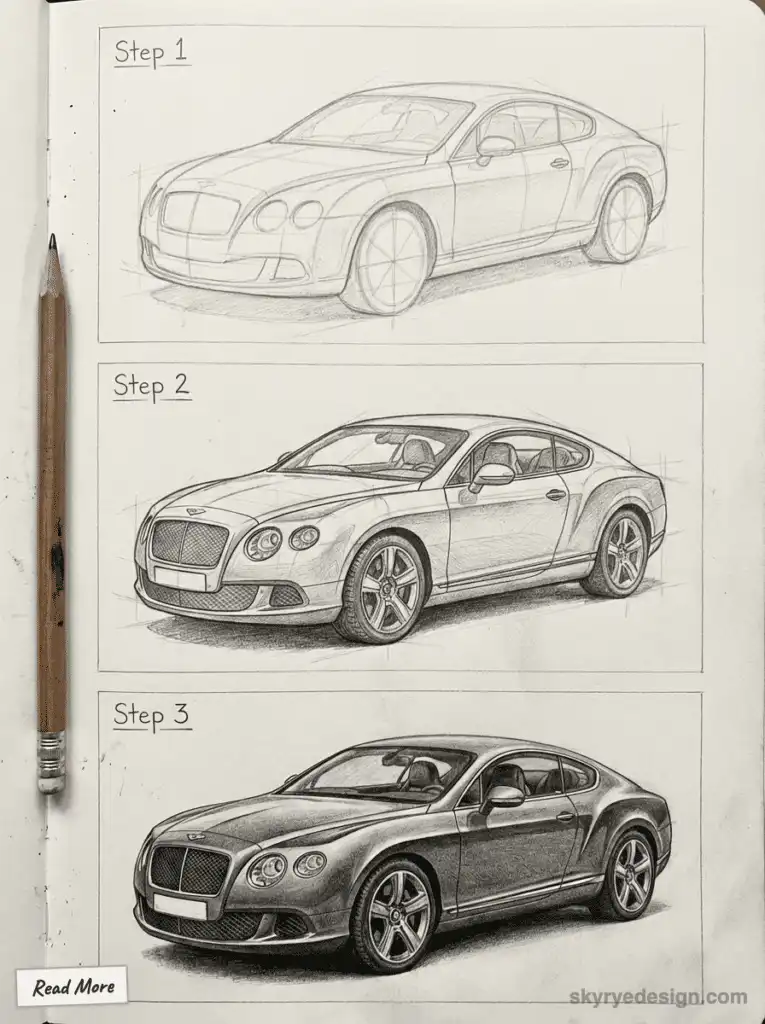 Step-by-step sketch progression of car drawing from outline to detailed shading, with a pencil on the side.