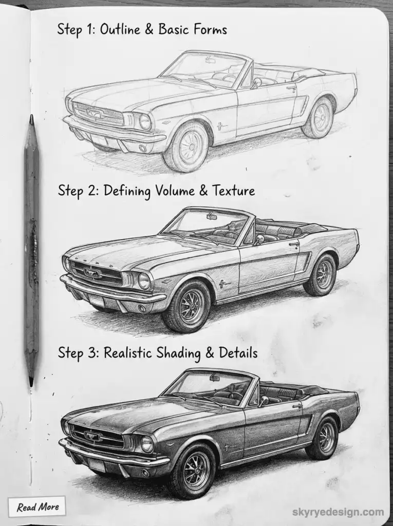 Step-by-step car sketching guide: Outline, add volume, finish with realistic shading and details. Learn car drawing
