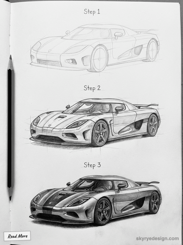 sketch-tutorial - 2026-01-19T205111170 Step-by-step car drawing tutorial in pencil: rough outline, detailed sketch, and final shaded artwork on a notebook page. | Sky Rye Design Step-by-step car drawing tutorial in pencil: rough outline, detailed sketch, and final shaded artwork on a notebook page. supercar koenigsegg
