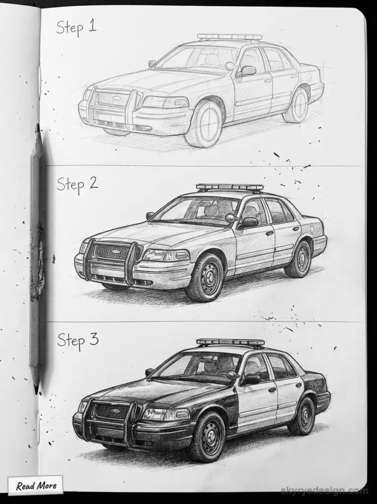 Step-by-step car drawing tutorial: from sketch to detailed police car illustration on a notepad with a pencil. Police Cruiser