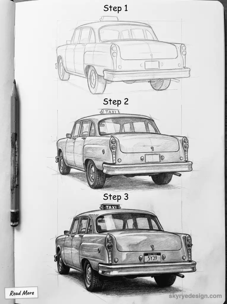 Drawing tutorial: Step-by-step guide to sketching a classic car, from outline to detailed rendering, with pencil.