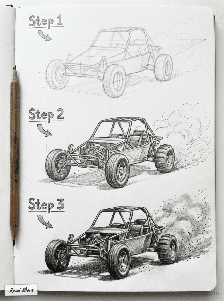 sketch-tutorial - 2026-01-19T205608154 Three-step pencil drawing tutorial of a dune buggy, showcasing sketch development from basic outline to detailed and shaded | Sky Rye Design Three-step pencil drawing tutorial of a dune buggy, showcasing sketch development from basic outline to detailed and shaded