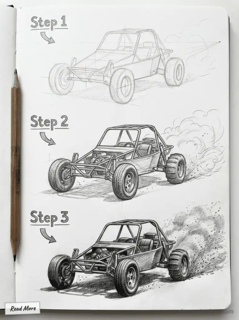 Three-step pencil drawing tutorial of a dune buggy, showcasing sketch development from basic outline to detailed and shaded