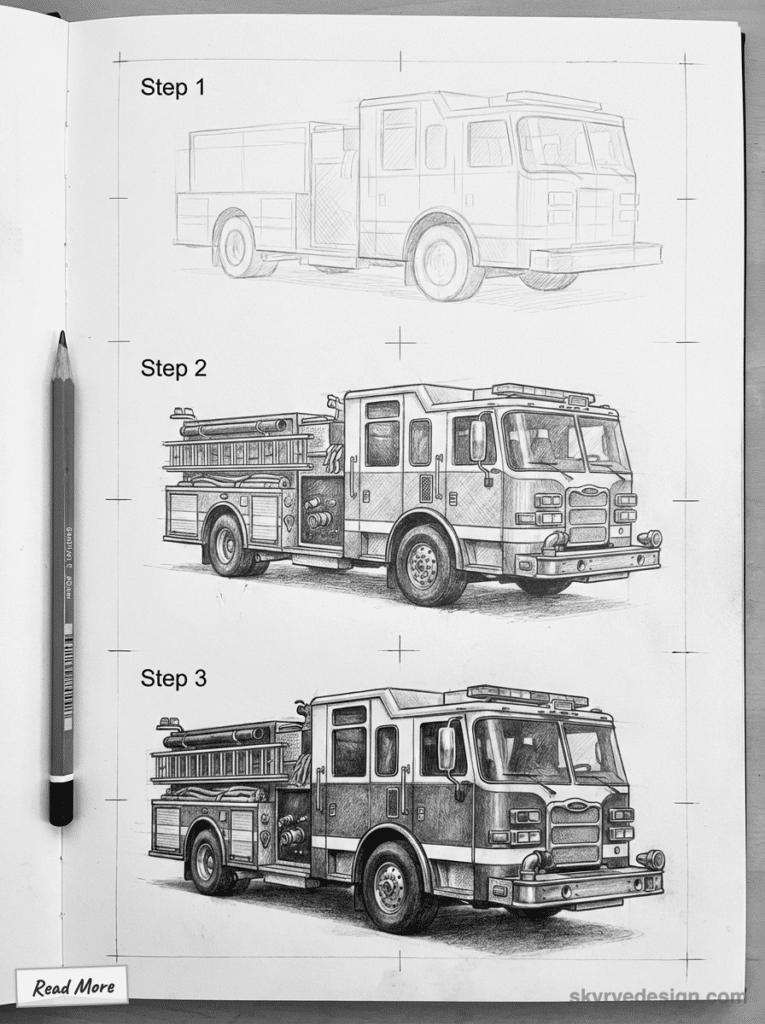 sketch-tutorial - 2026-01-19T205645476 Step-by-step pencil sketches of a fire truck design: initial outline, detailed drawing, and completed realistic illustration. | Sky Rye Design Step-by-step pencil sketches of a fire truck design: initial outline, detailed drawing, and completed realistic illustration.