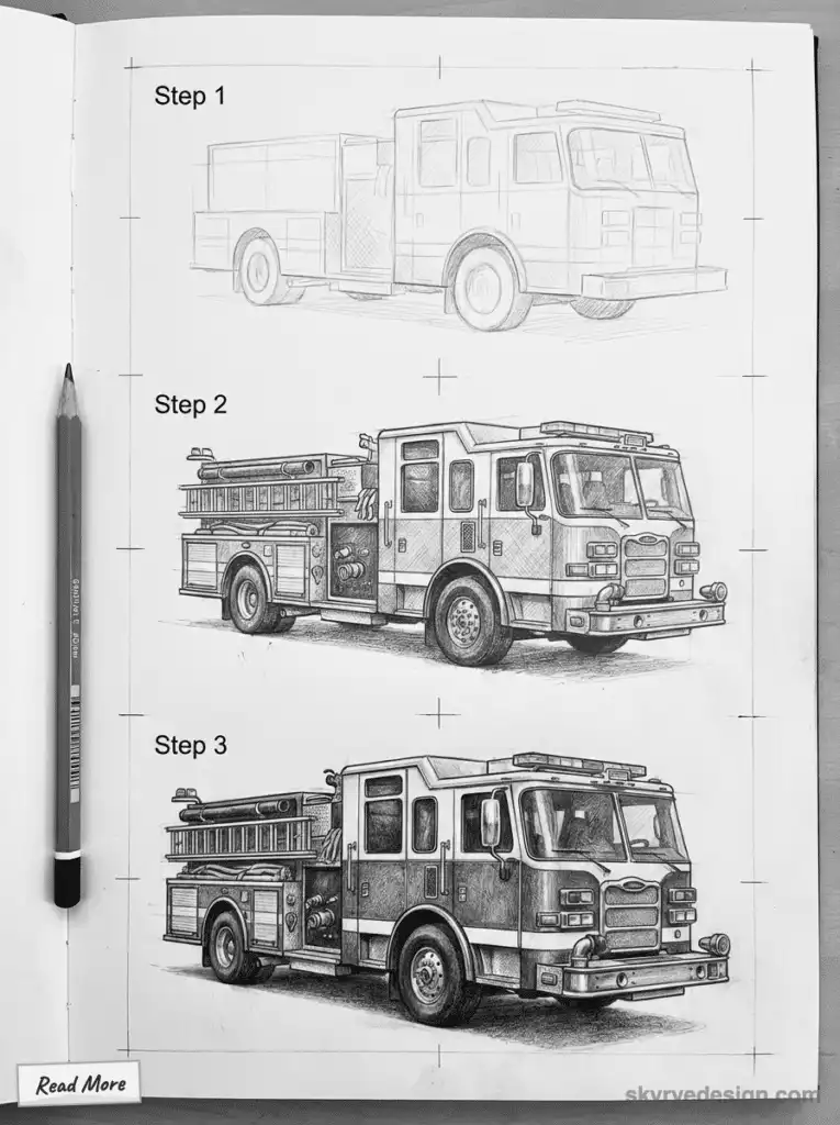 Step-by-step pencil sketches of a fire truck design: initial outline, detailed drawing, and completed realistic illustration.