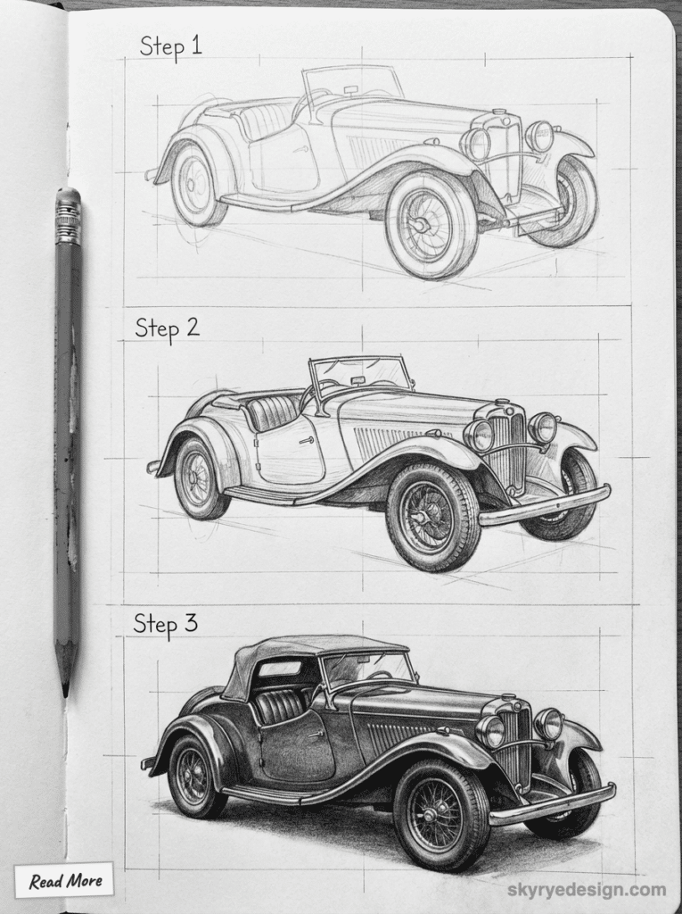 sketch-tutorial - 2026-01-19T205924337 Step-by-step pencil drawing of a vintage car from sketch to detailed illustration, including a pencil and Read More note. | Sky Rye Design Step-by-step pencil drawing of a vintage car from sketch to detailed illustration, including a pencil and Read More note.
