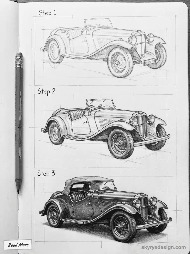 Step-by-step pencil drawing of a vintage car from sketch to detailed illustration, including a pencil and Read More note.
