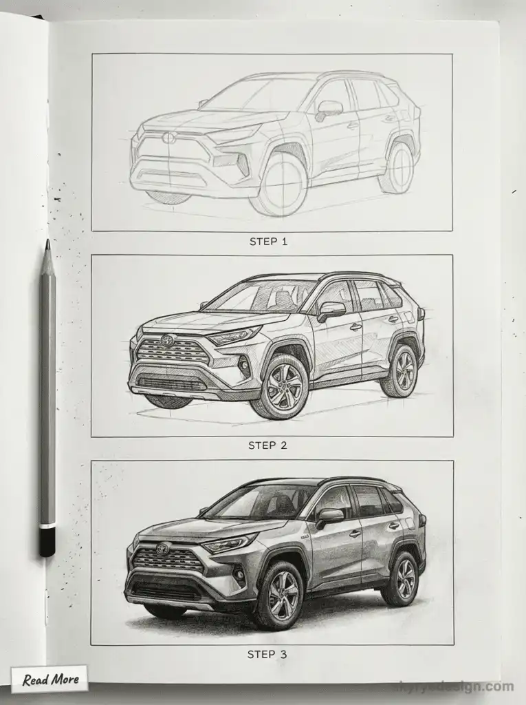 Step-by-step car sketch progression from outline to detailed rendering, showcasing design evolution on sketchpad with pencil. Car Drawing Ideas