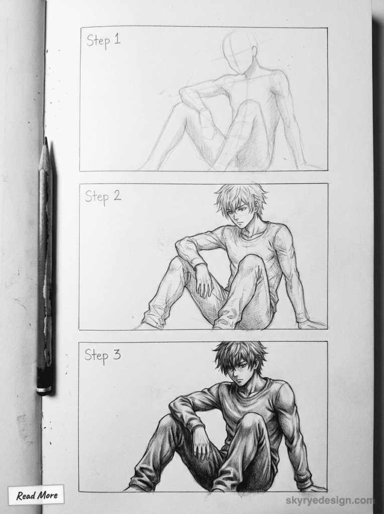 sketch-tutorial - 2026-01-20T132417926 Step-by-step guide to drawing a sitting anime character: sketching, detailing, and shading. Learn manga art techniques with | Sky Rye Design Step-by-step guide to drawing a sitting anime character: sketching, detailing, and shading. Learn manga art techniques with