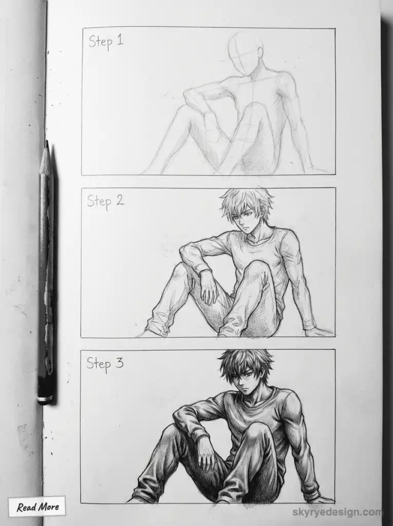 Step-by-step guide to drawing a sitting anime character: sketching, detailing, and shading. Learn manga art techniques with