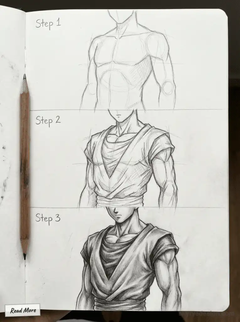 Character drawing tutorial in a sketchbook showing three steps of progress from basic outline to detailed shading, with