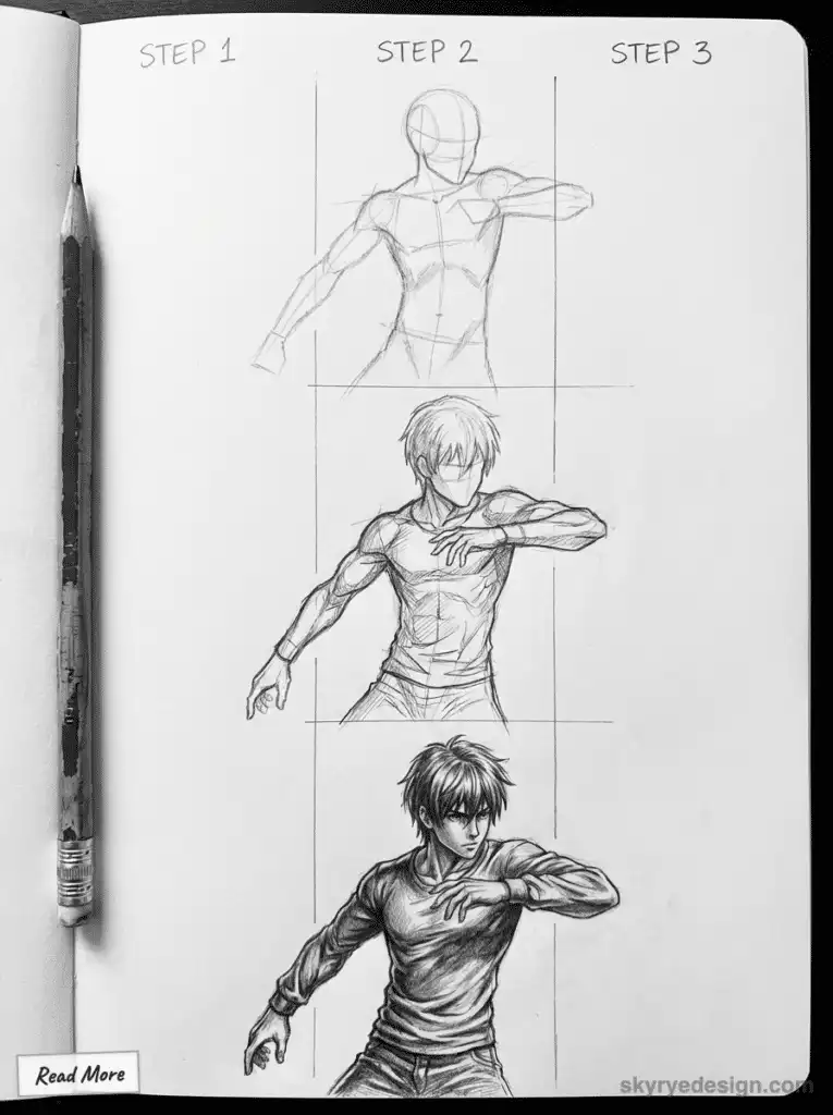 Drawing tutorial: Three steps to sketch an anime character with a pencil, showing progression from basic outline to detailed