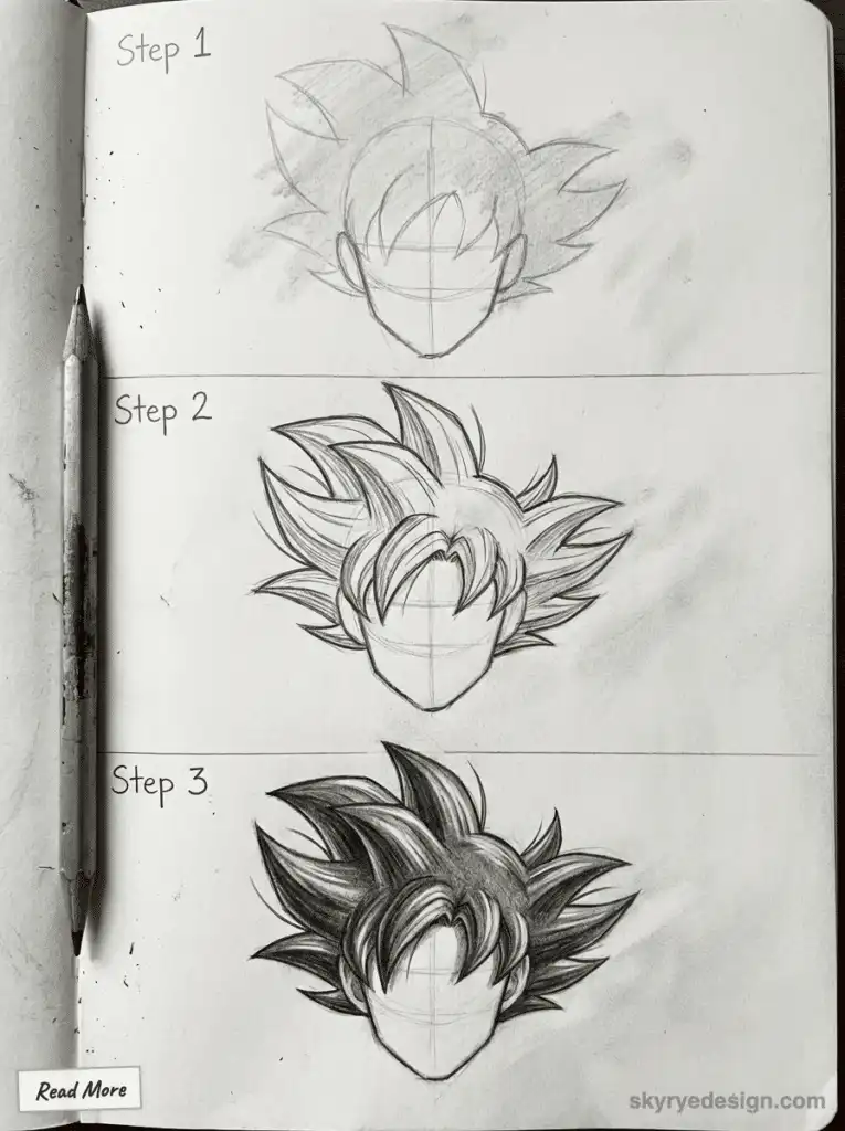 Step-by-step pencil guide: learning to draw spiky anime hair in three stages, from sketch to detailed shading.