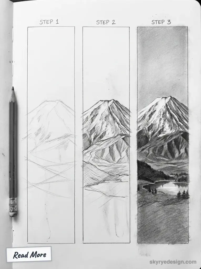 Pencil drawing tutorial: three vertical panels showing mountain sketch progression from light outline to detailed, shaded landscape.