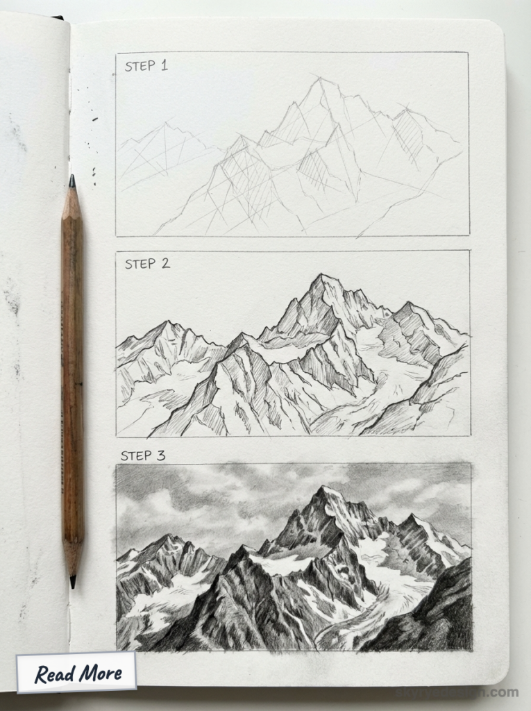 Step-by-step pencil mountain drawing in sketchbook: outlines, refined linework, and final shaded realistic mountain landscape.