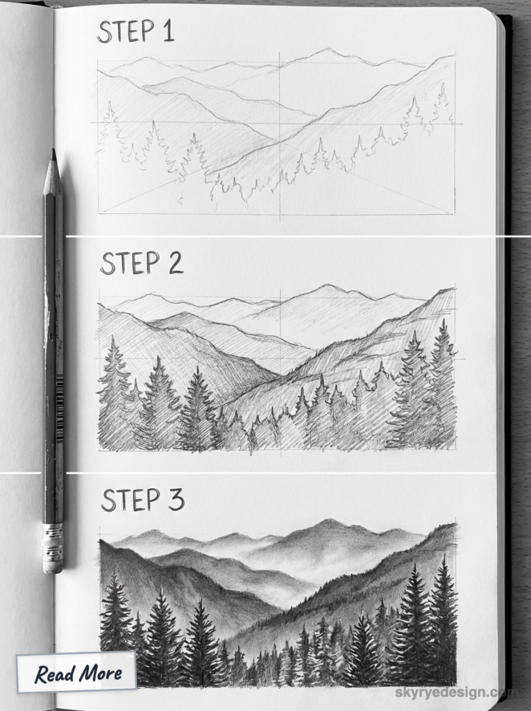 Pencil sketch tutorial: layered mountain landscape, pine trees, step 1-3 in a sketchbook with graphite pencil