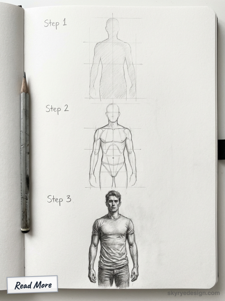 sketch-tutorial - 2026-02-13T182844173 Pencil tutorial showing three steps to draw a male figure: basic silhouette, anatomical guidelines, and detailed rendering in sketchbook. | Sky Rye Design Pencil tutorial showing three steps to draw a male figure: basic silhouette, anatomical guidelines, and detailed rendering in sketchbook.