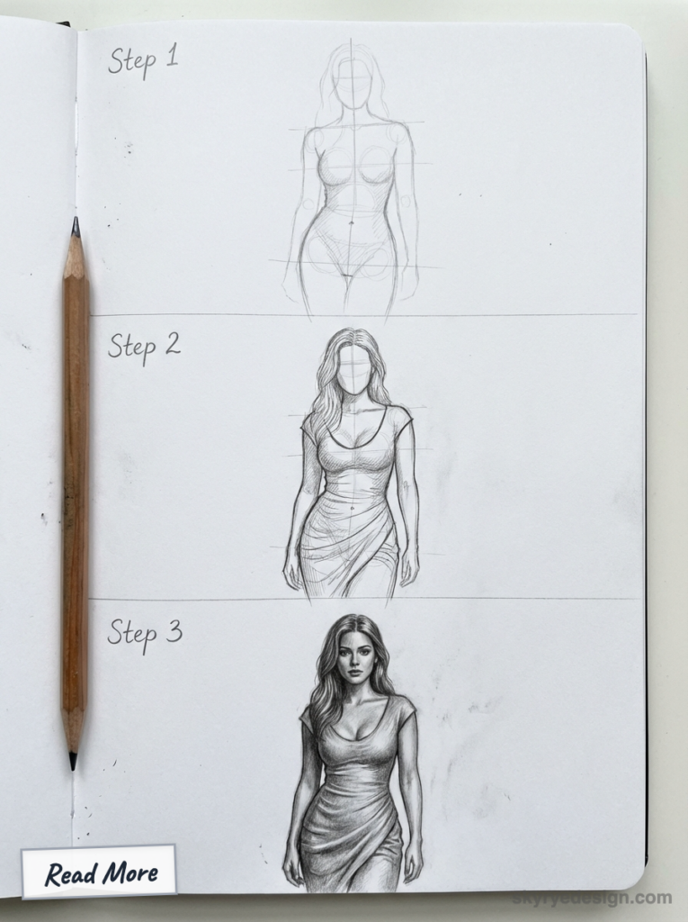 sketch-tutorial - 2026-02-13T183458106 Step-by-step pencil sketch tutorial showing three stages of female figure drawing in a sketchbook, pencil at left. | Sky Rye Design Step-by-step pencil sketch tutorial showing three stages of female figure drawing in a sketchbook, pencil at left.