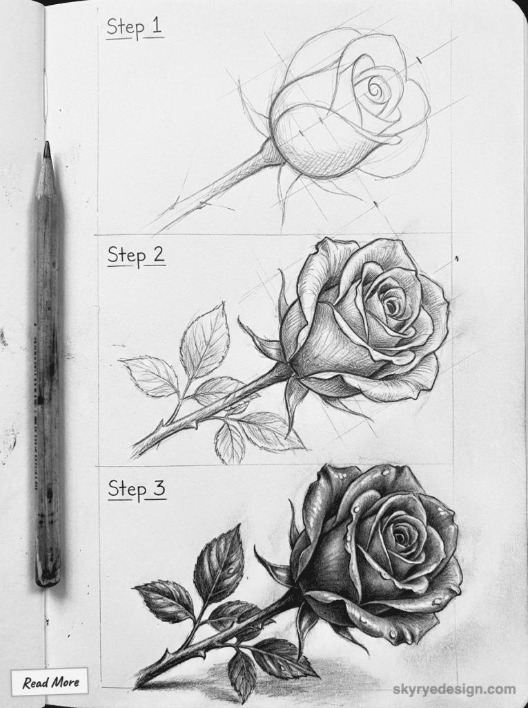 Step-by-step guide on sketching a rose with pencil; from simple outline to detailed, realistic drawing on sketchbook.
