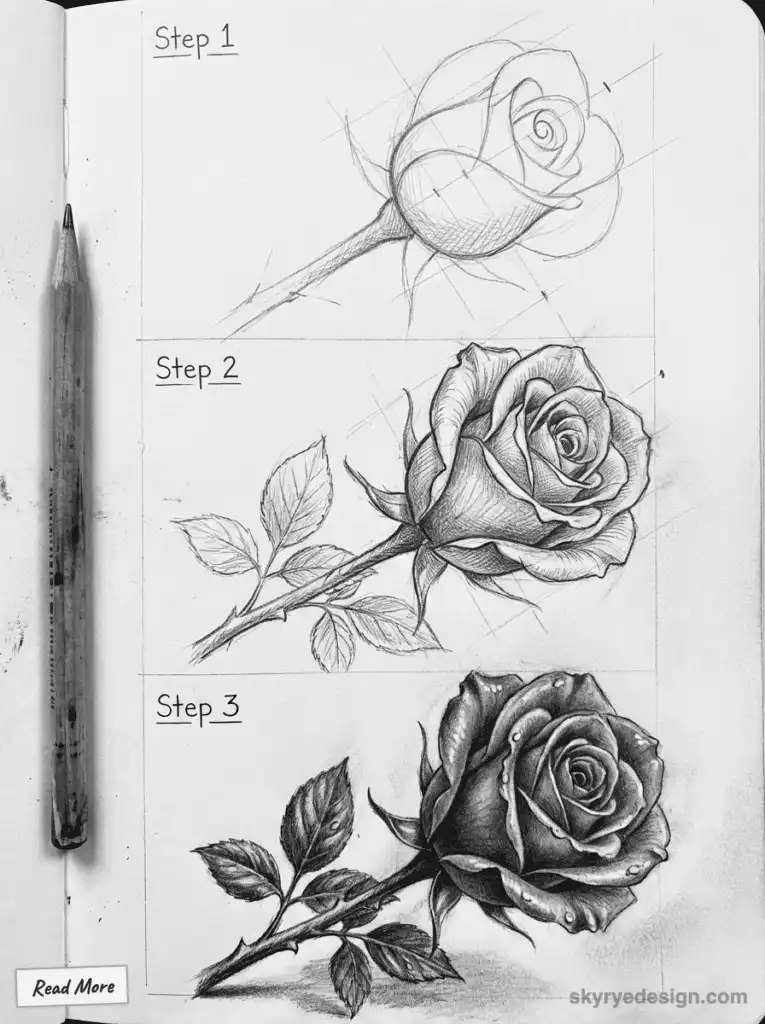 Step-by-step guide on sketching a rose with pencil; from simple outline to detailed, realistic drawing on sketchbook.