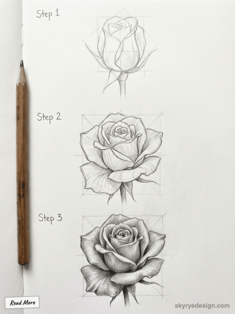 Step-by-step pencil drawing of a rose in three stages, showcasing detailed progression from outline to fully shaded bloom.