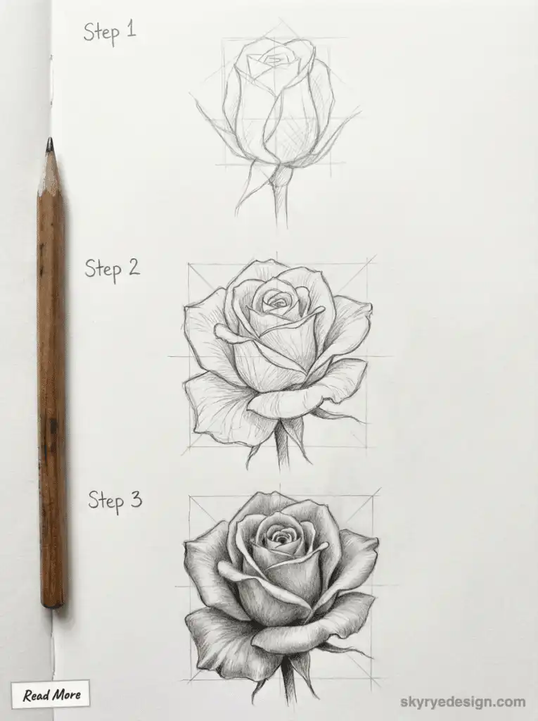 Step-by-step pencil drawing of a rose in three stages, showcasing detailed progression from outline to fully shaded bloom.