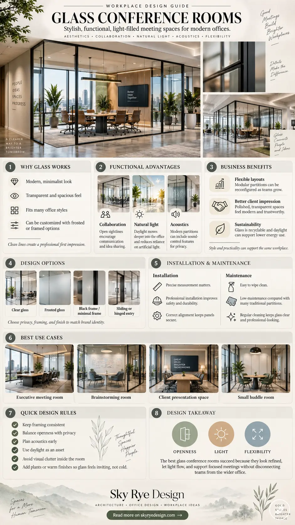 b668e81a-f859-4cd7-a535-46d87392241d Infographic on Glass Conference Rooms: layout, benefits, options, and uses for modern offices meeting the eye level of a design guide. | Sky Rye Design Infographic outlining the benefits, design options, installation details, and best use cases for glass conference rooms