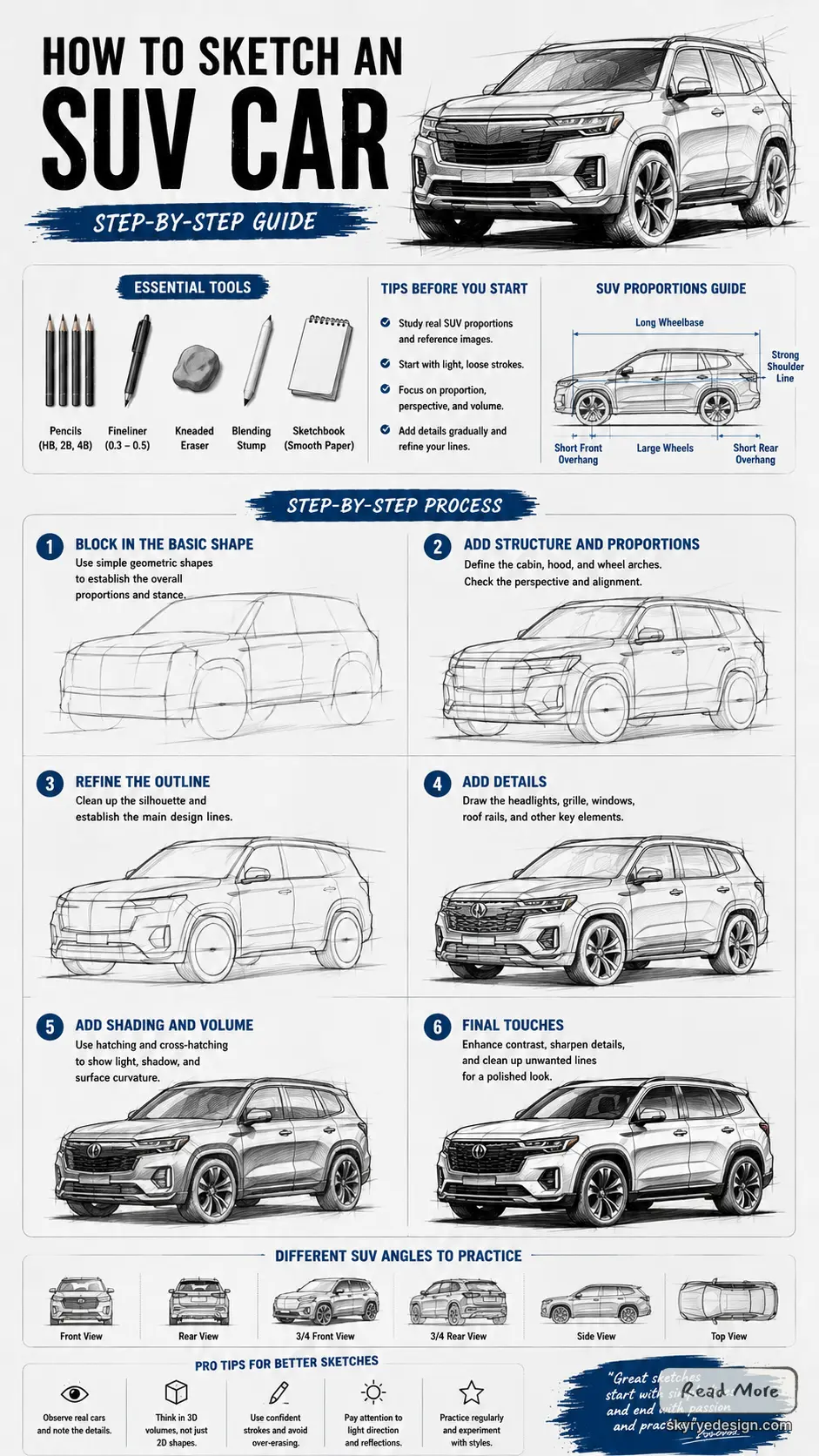 suv-car-drawing-1 How to sketch an SUV car infographic — step-by-step 6-step drawing process, tools, proportions, shading and finishing tips | Sky Rye Design How to sketch an SUV car infographic — step-by-step 6-step drawing process, tools, proportions, shading and finishing tips