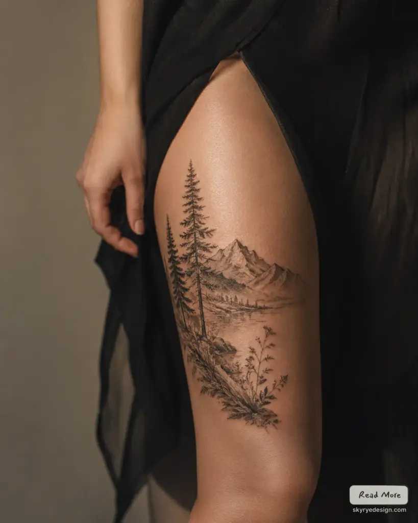 Mountain landscape thigh tattoo — fine-line black-ink pine trees, lake and wildflowers on upper leg