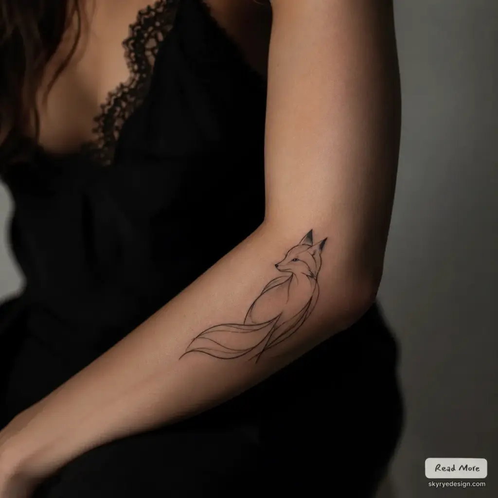 Fine-line minimalist fox tattoo on inner forearm, black-ink fox outline with elegant flowing tail