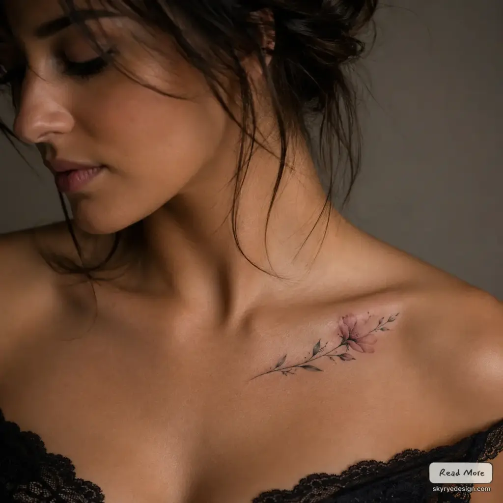Delicate pink floral collarbone tattoo on a woman's clavicle - minimalist feminine shoulder tattoo close-up