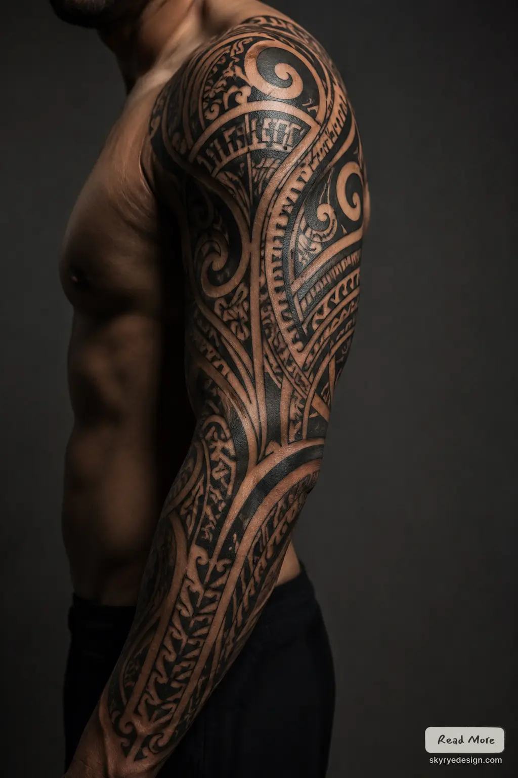 Polynesian full-sleeve tribal tattoo on muscular male arm and shoulder, bold black-ink Maori-inspired ornamental design
